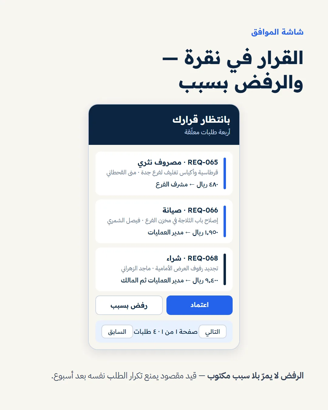 شاشة الموافق مع الطلبات المعلقة ومساراتها